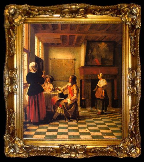 framed  Pieter de Hooch Woman Drinking with Two Men and a Maidservant, ta009-2